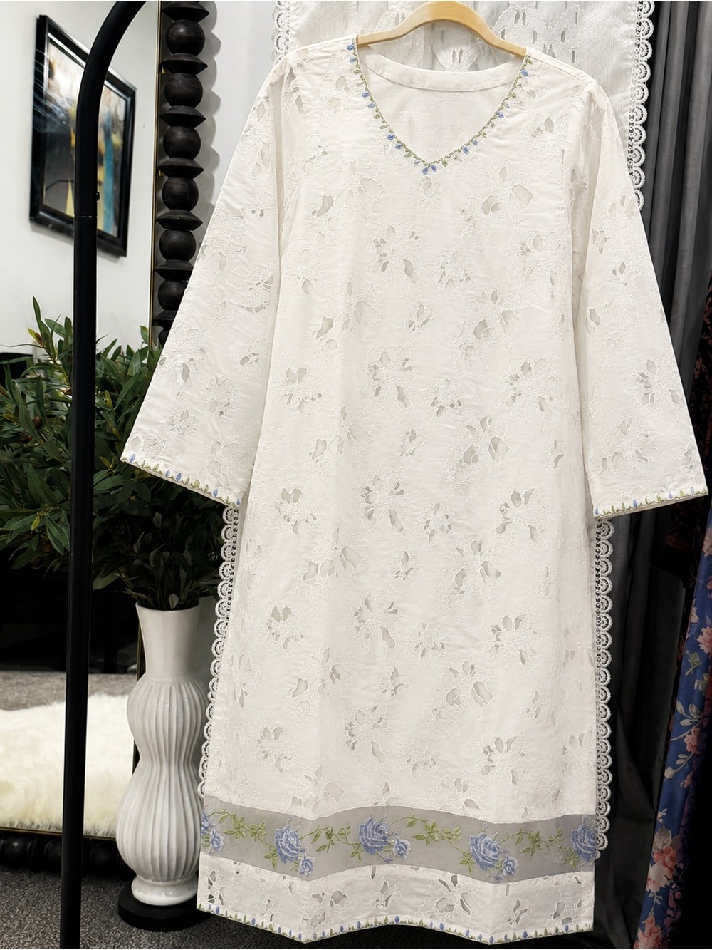 Women's White Embroidered Floral Dress